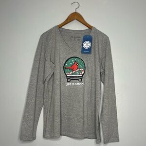 Life Is Good Long Sleeve Cardinal Snow Glove Christmas Tee NWT B